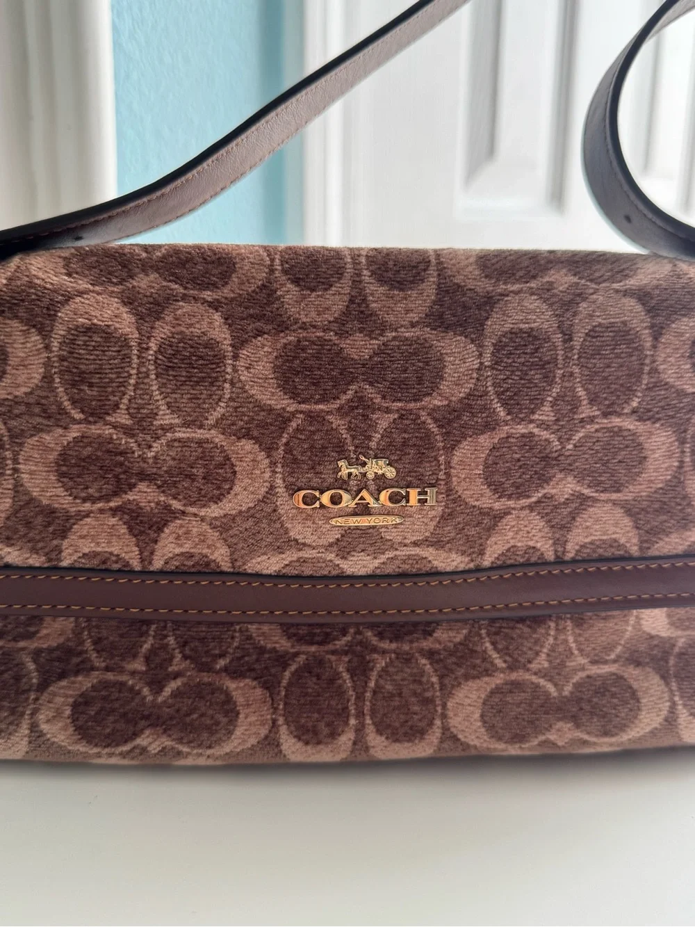 Coach Brown Signature Jacquard Shoulder Bag with Leather Trim